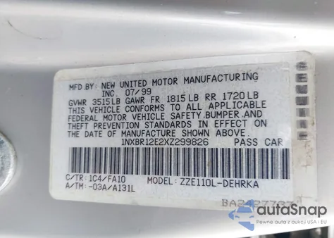 1999 Toyota Corolla Ve из США, поврежденный, VIN 1NXBR12E2XZ299826